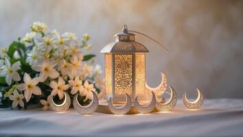 Decorative lantern with crescent moon ornaments and white flowers on a soft background in a tranquil setting photo