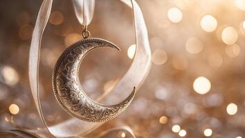 Silver crescent moon pendant hanging from ribbon with shimmering background lights during evening hours photo
