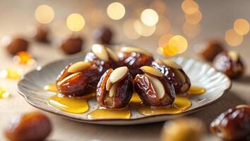 Delicious stuffed dates drizzled with honey on a decorative plate with a warm bokeh background photo