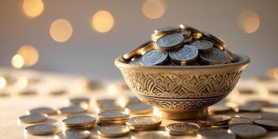 Coins arranged in a decorative bowl with soft lights in the background creating a warm atmosphere at dusk photo