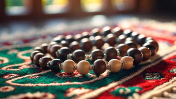 Beautifully crafted prayer beads displayed on a colorful patterned textile in a warm, cozy setting photo