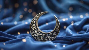 Intricate crescent moon ornament with Arabic calligraphy illuminated against a deep blue fabric backdrop photo