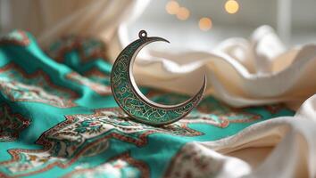 Metal crescent moon ornament rests on patterned fabric in a serene setting photo