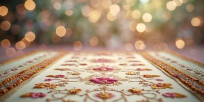 Intricate embroidery displayed on a beautifully designed fabric with soft background bokeh lighting photo