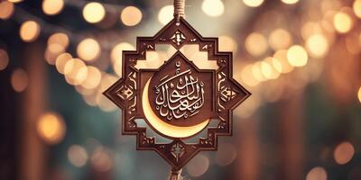 Elegant crescent moon ornament with intricate calligraphy illuminated by soft lights during a nighttime celebration photo