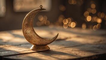 Decorative crescent moon ornament on wooden table with warm lighting in cozy indoor setting during evening photo