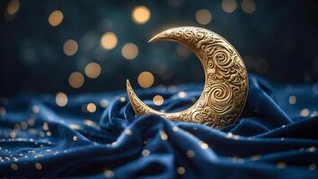 Decorative crescent moon sculpture on deep blue fabric with sparkling lights in the background during a nighttime setting photo