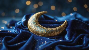 Moon-shaped ornament rests on elegant blue fabric with sparkling accents during a nighttime setting photo