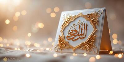 Elegant decorative card with golden calligraphy on soft background features intricate design photo