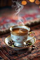 Warm cup of coffee steaming gently on an ornate tablecloth with aromatic coffee beans around photo
