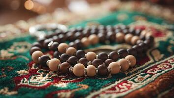 Beautifully crafted prayer beads displayed on an intricately designed carpet during a serene afternoon photo