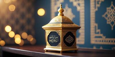 Intricate golden decorative box with Arabic calligraphy displayed on a wooden surface against a patterned wall photo