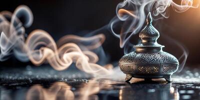Incense burner releasing fragrant smoke in a dimly lit space with reflective surface photo