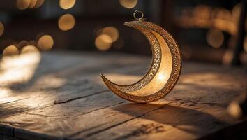 Decorative crescent moon ornament illuminated softly in warm tones on rustic wood surface photo