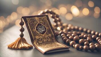 Elegant display of a holy book and prayer beads with soft bokeh effects at an intimate gathering setting photo