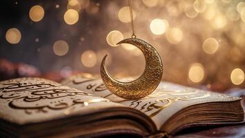 Elegant crescent moon pendant hanging over an open book with intricate calligraphy and soft glowing lights photo