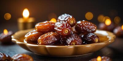 Sweet dates served in a bowl with warm lighting creating a cozy atmosphere during a festive evening photo