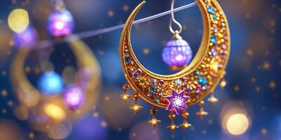 Beautifully crafted crescent moon earrings adorn a festive backdrop of colorful lights at a celebration photo