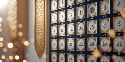 Luxurious advent calendar with gold accents displaying numbered days for festive countdown photo