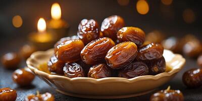 Delicious medjool dates served on a decorative plate with soft candlelight creating a warm ambiance photo