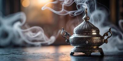 Elegant incense burner emits fragrant smoke in a serene indoor setting during golden hour photo