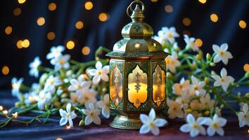 Decorative lantern illuminates a flower arrangement with soft glowing lights during an evening celebration photo