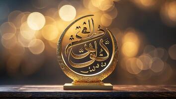 Elegant golden calligraphy art piece displayed on a wooden surface with a sparkling background photo