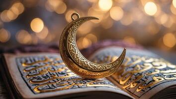 Intricate crescent moon ornament resting on an open holy book with glowing background at night photo
