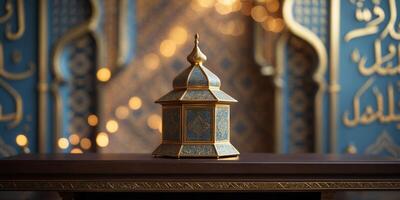 Intricate lantern on display in an ornate setting adorned with detailed blue and gold patterns in a cultural venue photo