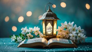 Elegant lantern and Quran illuminated by soft lights, surrounded by flowers in serene setting during evening time photo