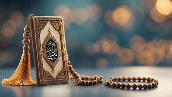 Decorative Quran resting on a surface with prayer beads and soft, blurred bokeh background photo