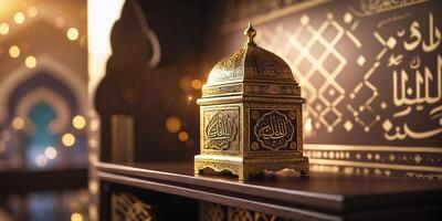 Intricate decorative box with Arabic calligraphy displayed in an elegant setting illuminated by soft lights photo