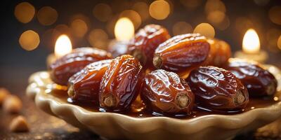 Enjoying freshly harvested dates on a decorative plate surrounded by soft candlelight during a cozy evening gathering photo