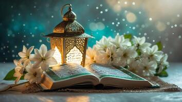 Serene moment with a Quran, lantern, and flowers during a quiet evening in a cozy setting photo