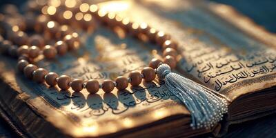 Close view of prayer beads resting on an ornate book with intricate calligraphy and warm lighting photo