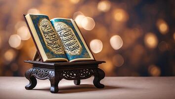 Beautifully illuminated holy book displayed on ornate stand with soft bokeh background during evening hours photo