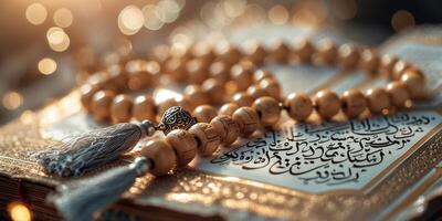 Islamic prayer beads and holy scripture displayed amidst soft, warm lighting creating a serene atmosphere photo