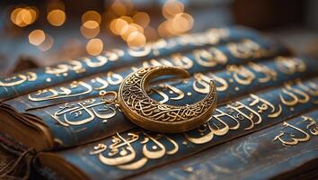 Decorative crescent moon atop ornately bound religious texts with soft lighting in the background photo