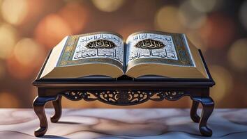 Beautifully illuminated Quran displayed on an ornate stand with a bokeh background enhancing its elegance photo
