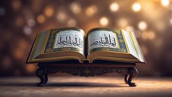 Beautifully illuminated Quran on display with intricate calligraphy and elegant stand in warm lighting photo