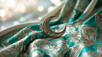 Beautifully designed crescent moon brooch on luxurious turquoise fabric with intricate gold patterns capturing elegance and charm photo