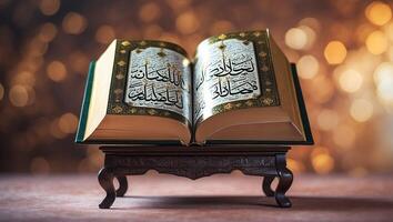 Open Quran displayed on a stand with soft lighting creating an inviting atmosphere for reflection and study photo