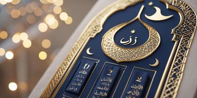 Elegant calligraphy decor showcasing Arabic script with intricate design, set against a blurred festive background photo