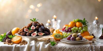 Delicious variety of fresh fruits and dried dates displayed elegantly on a table for a festive gathering photo