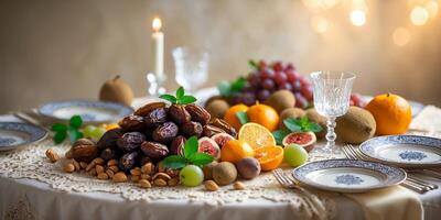 Gathering around a beautifully arranged table with assorted fruits and nuts during a festive celebration photo