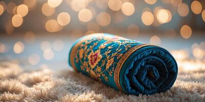 Beautifully embroidered blue fabric rolled up on a soft surface with warm lights in the background photo