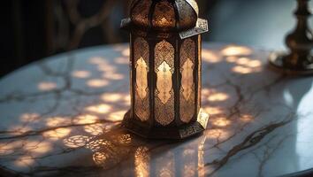 Intricate lantern casting beautiful light patterns on a marble table during evening hours photo