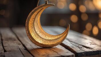 Decorative crescent moon lantern glows softly on rustic wooden table in serene evening ambiance photo
