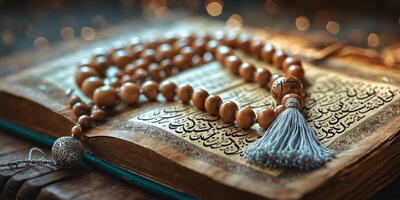 Detailed view of a prayer bead necklace resting on an open religious text in a serene setting with soft lighting photo