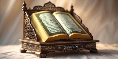 Open Quran resting on ornate stand with decorative script in soft lighting photo
